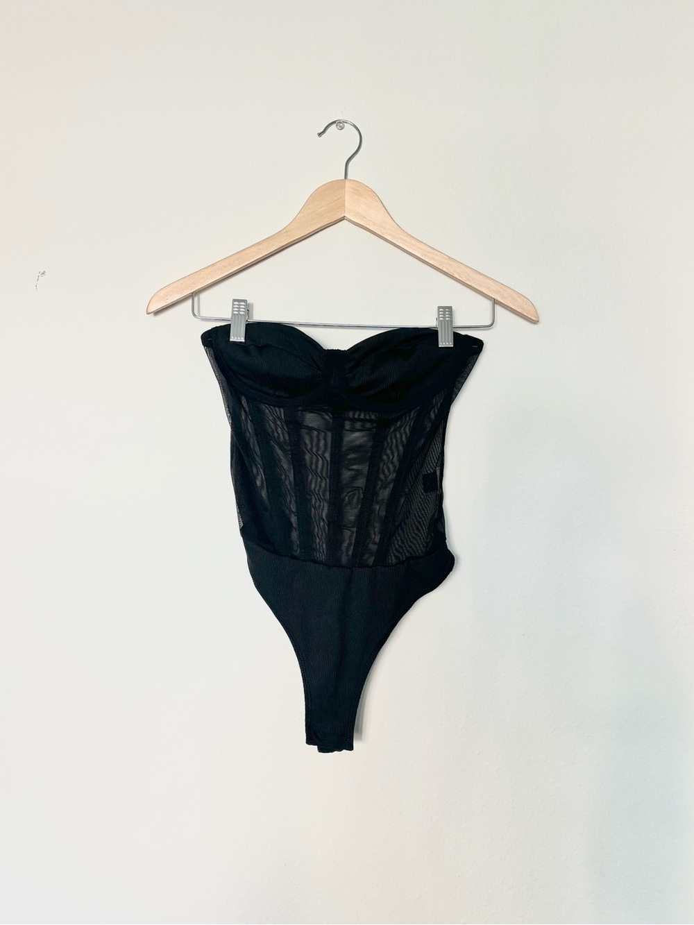 Strapless Black Lace-Panel Bandeau Bodysuit